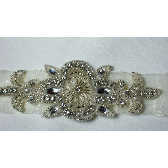 Ivory Organza Rhinestone Beaded Bridal Party Formal Prom Gown Dress Belt Sash - Picture 4 of 4